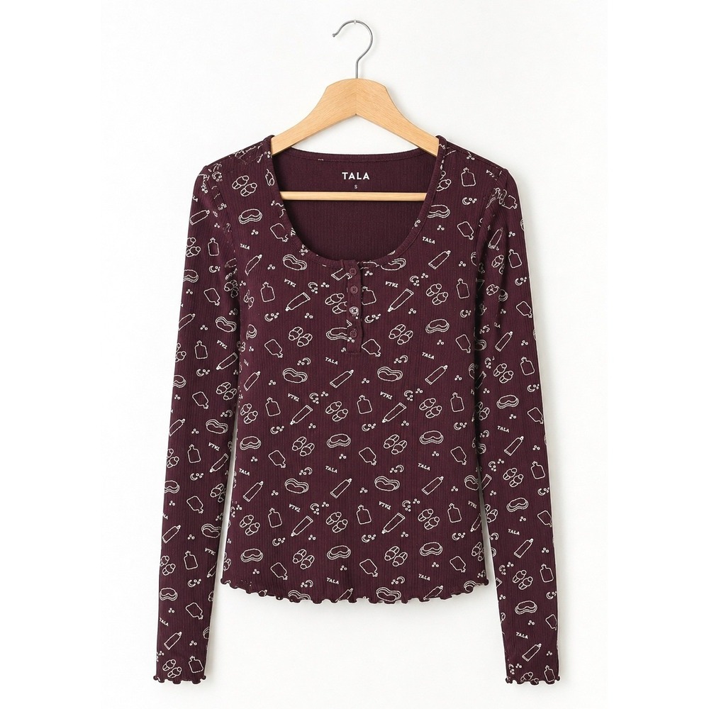 Tala Sleepwear‎ Henley Women Small Port Burgundy Ribbed Lettuce Hem Pajama Top
